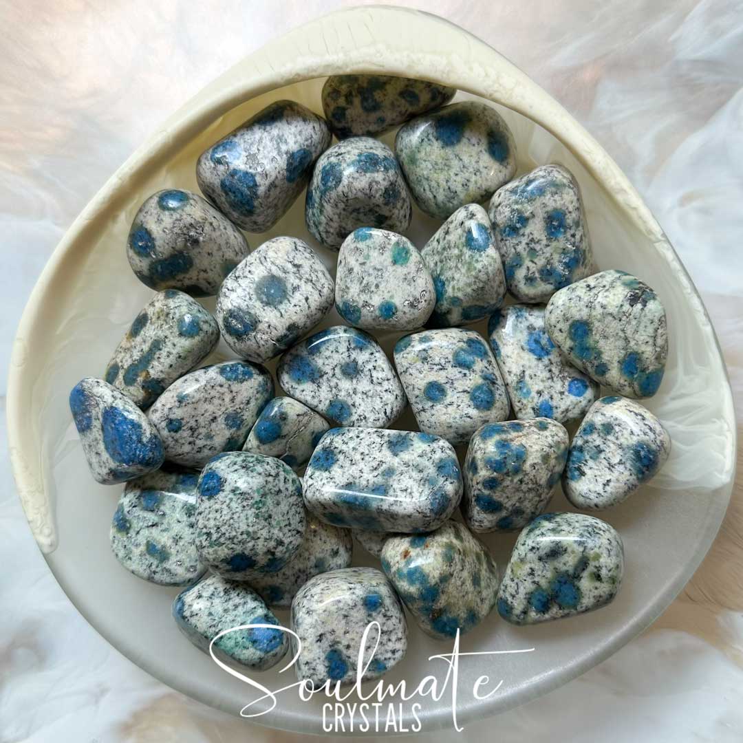 Soulmate Crystals K2 Tumbled Stone, White-Light-Grey Granite Matrix with Blue Azurite Crystal for Spiritual Growth, Deeper Intuition, Sacred Wisdom, Comfort, Empowerment, Sacred Wisdom, Expansiveness, Foresight, Manifesting, Divine Path.