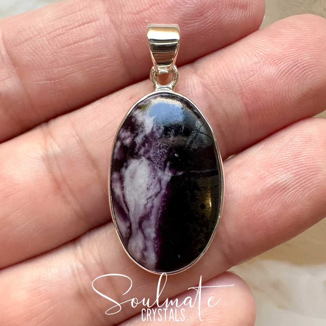 Soulmate Crystals Kammererite Polished Crystal Pendant Oval Sterling Silver Grade AA, Dark Purple Crystal for Higher Consciousness, Spiritually Detoxifying, Enlightenment, Pendant, Jewellery, Jewelry, Wearable Crystal Jewellery.