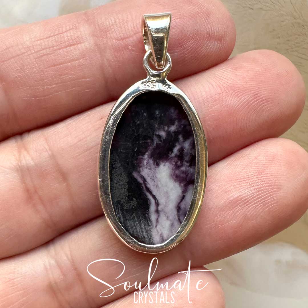 Soulmate Crystals Kammererite Polished Crystal Pendant Oval Sterling Silver Grade AA, Dark Purple Crystal for Higher Consciousness, Spiritually Detoxifying, Enlightenment, Pendant, Jewellery, Jewelry, Wearable Crystal Jewellery.