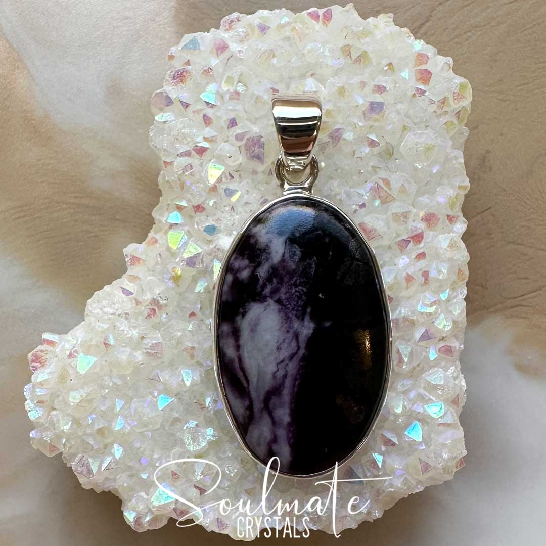 Soulmate Crystals Kammererite Polished Crystal Pendant Oval Sterling Silver Grade AA, Dark Purple Crystal for Higher Consciousness, Spiritually Detoxifying, Enlightenment, Pendant, Jewellery, Jewelry, Wearable Crystal Jewellery