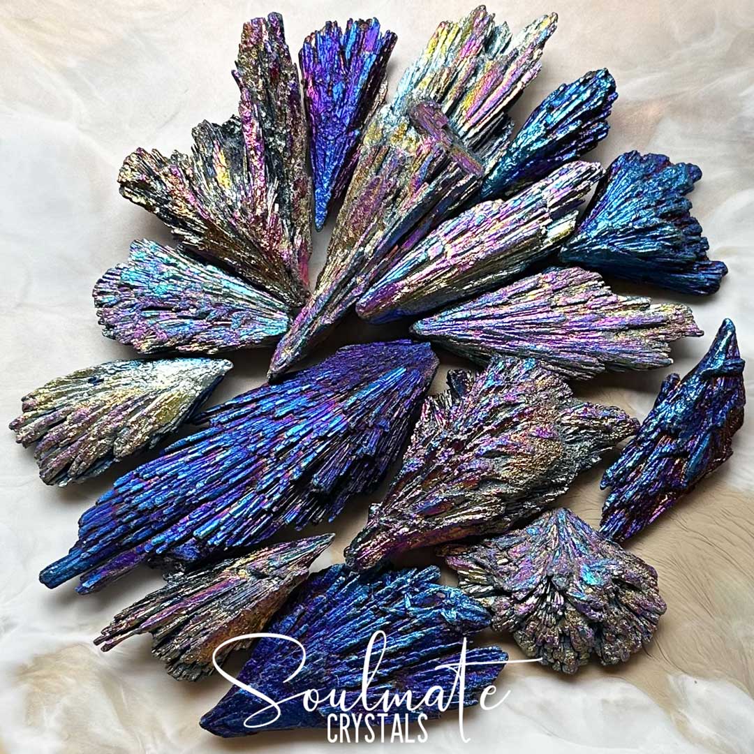 Soulmate Crystals Kyanite Black Titanium Aura Raw Natural Stone, Rainbow Metallic Titanium Bonded Blades of Black Kyanite, Cobalt Blue, Fuchsia Pink, Gold crystal for Protection, Balance, Vitality, Energetic Shielding, Guarding, Fortitude, Relationships, Third Eye Activation, Spiritual Development, Grounded Harmony, Negative Energy Banishment, Witches Broom.