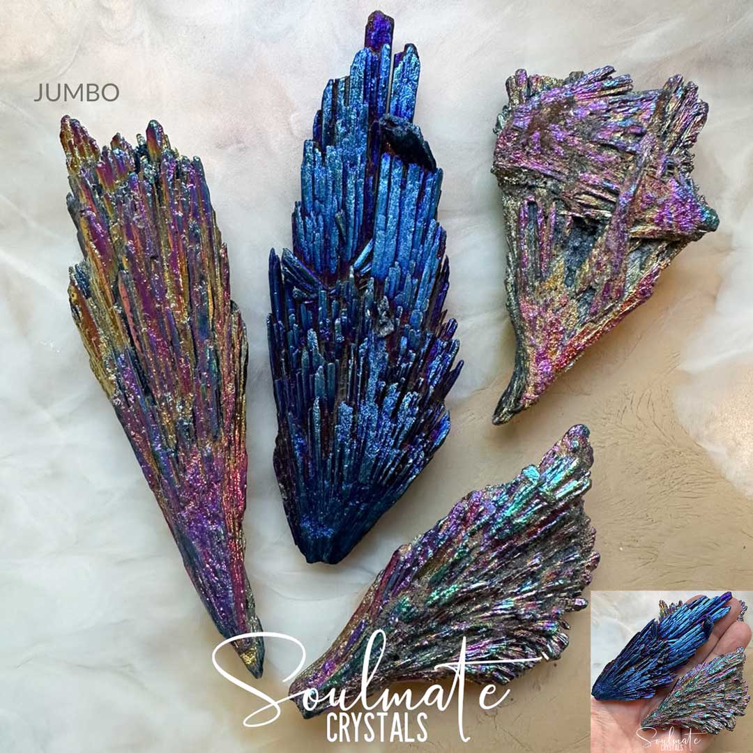 Soulmate Crystals Kyanite Black Titanium Aura Raw Natural Stone, Rainbow Metallic Titanium Bonded Blades of Black Kyanite, Cobalt Blue, Fuchsia Pink, Gold crystal for Protection, Balance, Vitality, Energetic Shielding, Guarding, Fortitude, Relationships, Third Eye Activation, Spiritual Development, Grounded Harmony, Negative Energy Banishment, Witches Broom.