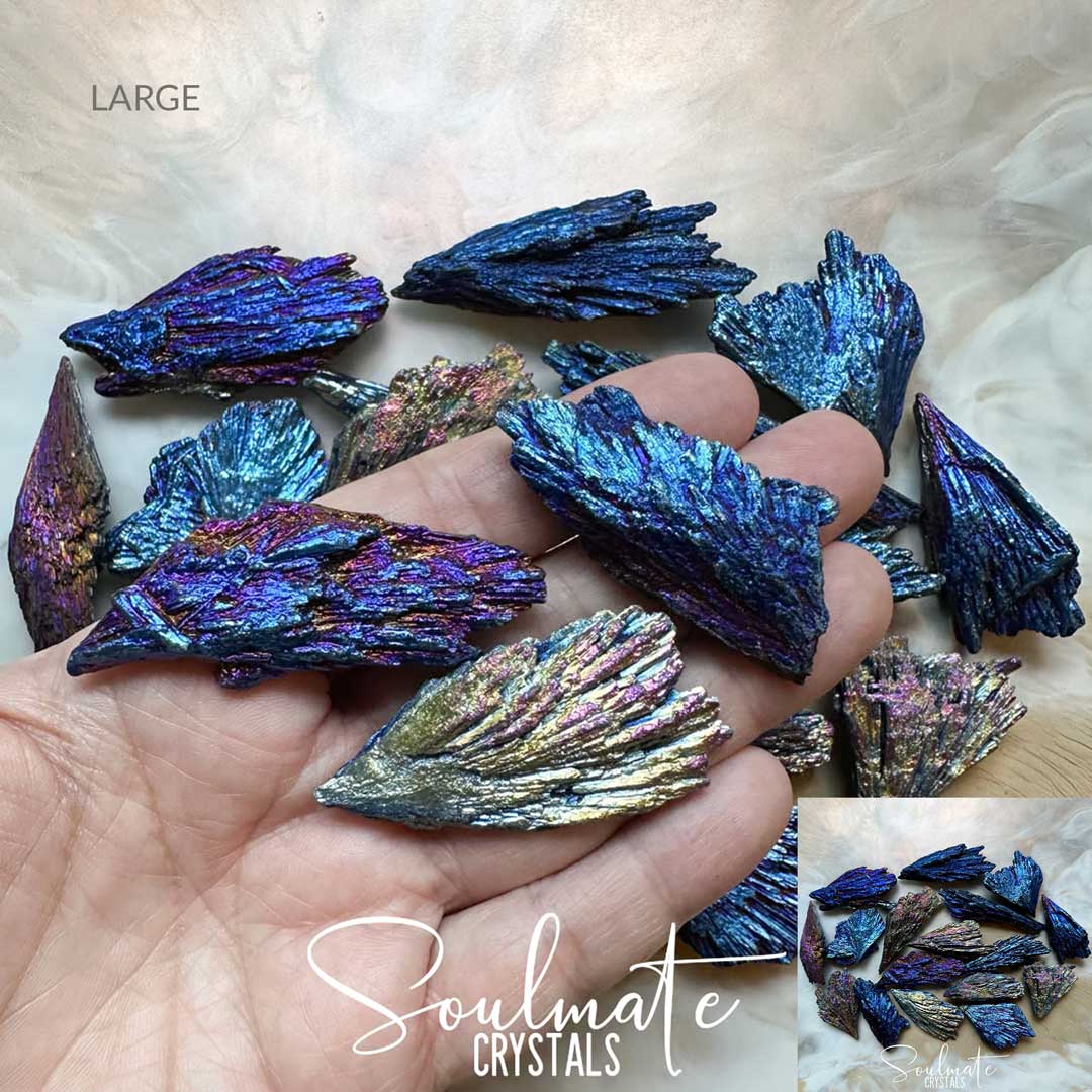 Soulmate Crystals Kyanite Black Titanium Aura Raw Natural Stone, Rainbow Metallic Titanium Bonded Blades of Black Kyanite, Cobalt Blue, Fuchsia Pink, Gold crystal for Protection, Balance, Vitality, Energetic Shielding, Guarding, Fortitude, Relationships, Third Eye Activation, Spiritual Development, Grounded Harmony, Negative Energy Banishment, Witches Broom.