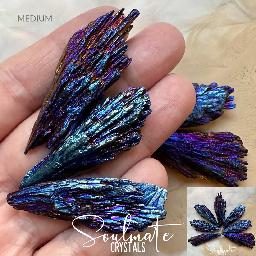 Soulmate Crystals Kyanite Black Titanium Aura Raw Natural Stone, Rainbow Metallic Titanium Bonded Blades of Black Kyanite, Cobalt Blue, Fuchsia Pink, Gold crystal for Protection, Balance, Vitality, Energetic Shielding, Guarding, Fortitude, Relationships, Third Eye Activation, Spiritual Development, Grounded Harmony, Negative Energy Banishment, Witches Broom.