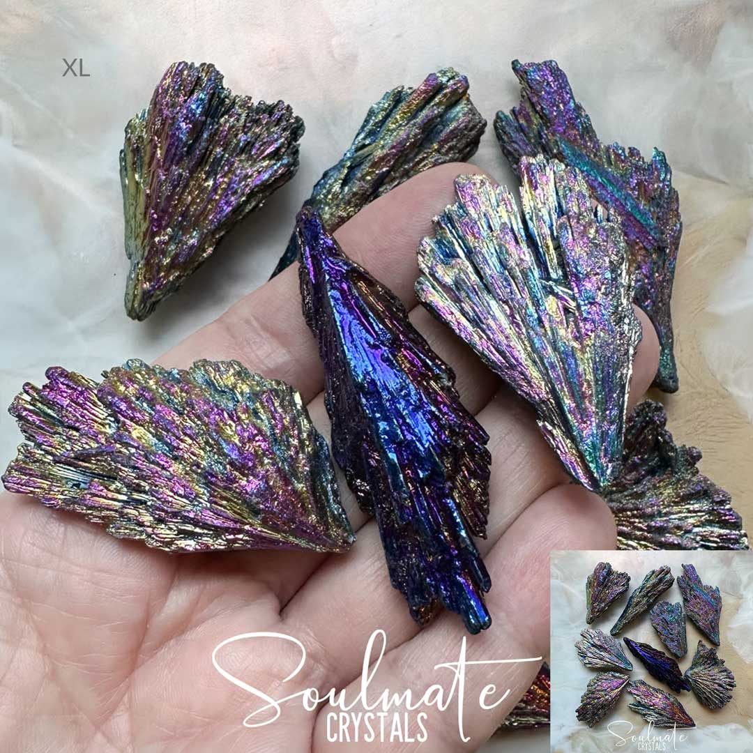 Soulmate Crystals Kyanite Black Titanium Aura Raw Natural Stone, Rainbow Metallic Titanium Bonded Blades of Black Kyanite, Cobalt Blue, Fuchsia Pink, Gold crystal for Protection, Balance, Vitality, Energetic Shielding, Guarding, Fortitude, Relationships, Third Eye Activation, Spiritual Development, Grounded Harmony, Negative Energy Banishment, Witches Broom.