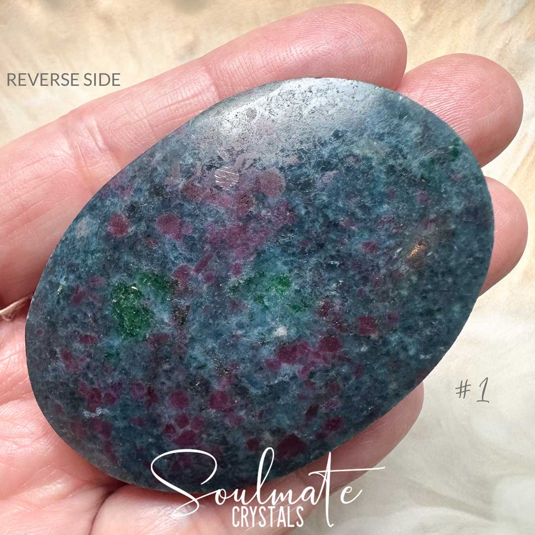 Soulmate Crystals Kyanite Blue Ruby Corundum Polished Crystal Palm Stone XL, Dark Red Ruby, Green Fuchsite Inclusions Blue Kyanite Crystal for Rejuvenation, Heart Balancing, Heart-Mind Communication, Connection, Happiness, Abundance, Manifestation, Dream Recall.