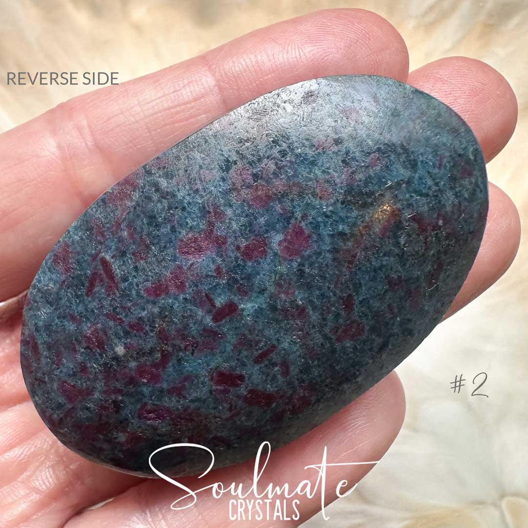 Soulmate Crystals Kyanite Blue Ruby Corundum Polished Crystal Palm Stone XL, Dark Red Ruby, Green Fuchsite Inclusions Blue Kyanite Crystal for Rejuvenation, Heart Balancing, Heart-Mind Communication, Connection, Happiness, Abundance, Manifestation, Dream Recall.