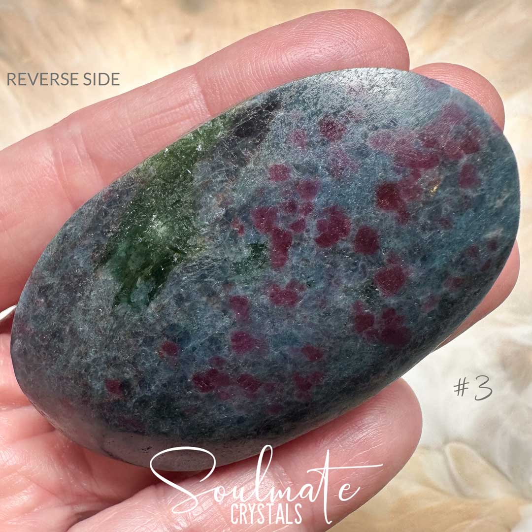 Soulmate Crystals Kyanite Blue Ruby Corundum Polished Crystal Palm Stone XL, Dark Red Ruby, Green Fuchsite Inclusions Blue Kyanite Crystal for Rejuvenation, Heart Balancing, Heart-Mind Communication, Connection, Happiness, Abundance, Manifestation, Dream Recall.