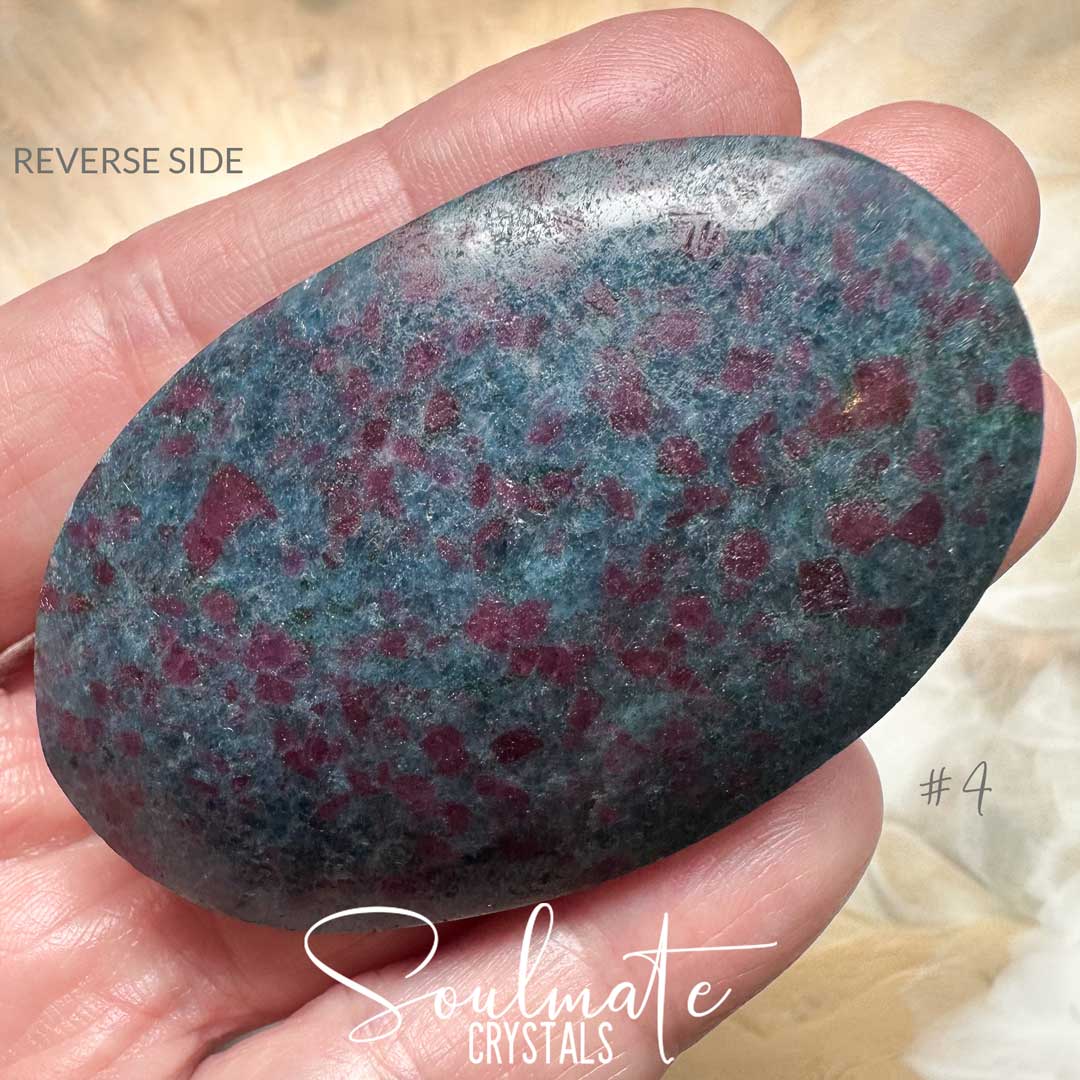 Soulmate Crystals Kyanite Blue Ruby Corundum Polished Crystal Palm Stone XL, Dark Red Ruby, Green Fuchsite Inclusions Blue Kyanite Crystal for Rejuvenation, Heart Balancing, Heart-Mind Communication, Connection, Happiness, Abundance, Manifestation, Dream Recall.
