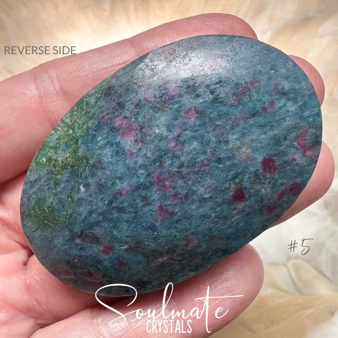 Soulmate Crystals Kyanite Blue Ruby Corundum Polished Crystal Palm Stone XL, Dark Red Ruby, Green Fuchsite Inclusions Blue Kyanite Crystal for Rejuvenation, Heart Balancing, Heart-Mind Communication, Connection, Happiness, Abundance, Manifestation, Dream Recall.
