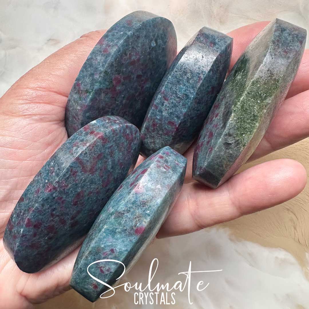 Soulmate Crystals Kyanite Blue Ruby Corundum Polished Crystal Palm Stone XL, Dark Red Ruby, Green Fuchsite Inclusions Blue Kyanite Crystal for Rejuvenation, Heart Balancing, Heart-Mind Communication, Connection, Happiness, Abundance, Manifestation, Dream Recall.