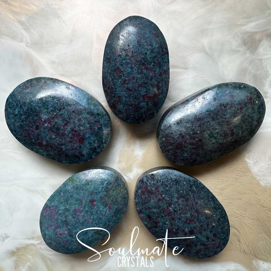 Soulmate Crystals Kyanite Blue Ruby Corundum Polished Crystal Palm Stone XL, Dark Red Ruby, Green Fuchsite Inclusions Blue Kyanite Crystal for Rejuvenation, Heart Balancing, Heart-Mind Communication, Connection, Happiness, Abundance, Manifestation, Dream Recall.