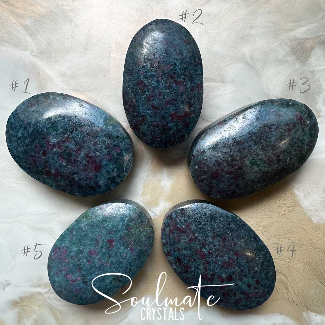 Soulmate Crystals Kyanite Blue Ruby Corundum Polished Crystal Palm Stone XL, Dark Red Ruby, Green Fuchsite Inclusions Blue Kyanite Crystal for Rejuvenation, Heart Balancing, Heart-Mind Communication, Connection, Happiness, Abundance, Manifestation, Dream Recall.