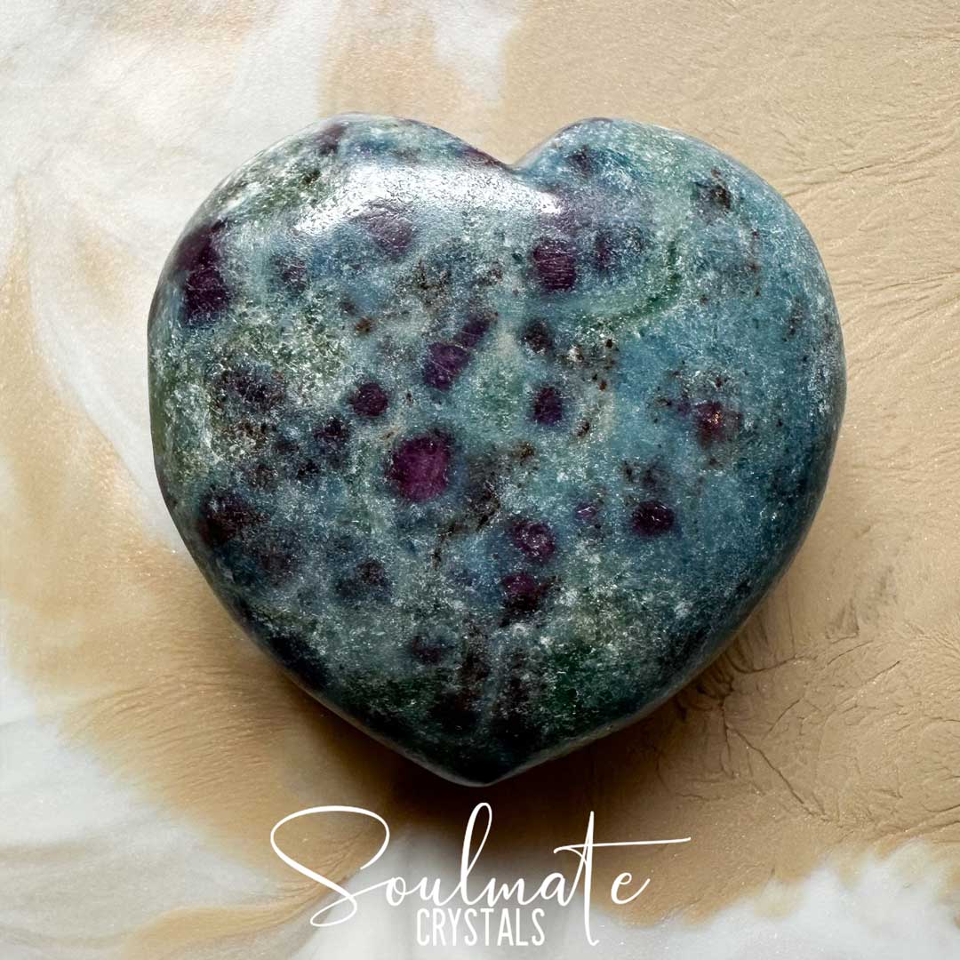 Soulmate Crystals Kyanite Blue Ruby Polished Crystal Heart, Dark Red Ruby, Green Fuchsite Inclusions Blue Kyanite Crystal for Rejuvenation, Heart Balancing, Heart-Mind Communication, Connection, Happiness, Abundance, Manifestation, Dream Recall.