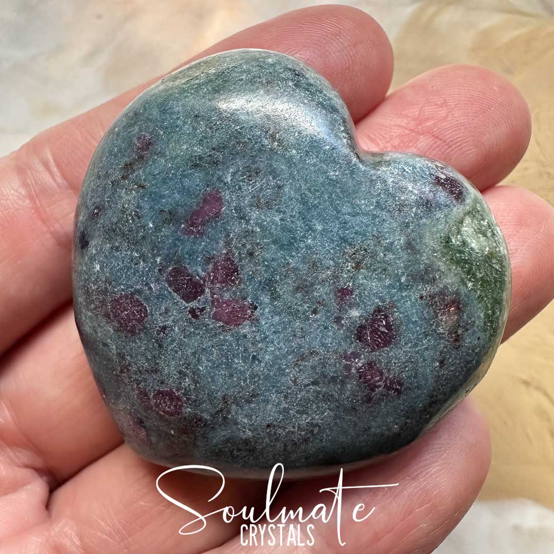 Soulmate Crystals Kyanite Blue Ruby Polished Crystal Heart, Dark Red Ruby, Green Fuchsite Inclusions Blue Kyanite Crystal for Rejuvenation, Heart Balancing, Heart-Mind Communication, Connection, Happiness, Abundance, Manifestation, Dream Recall.
