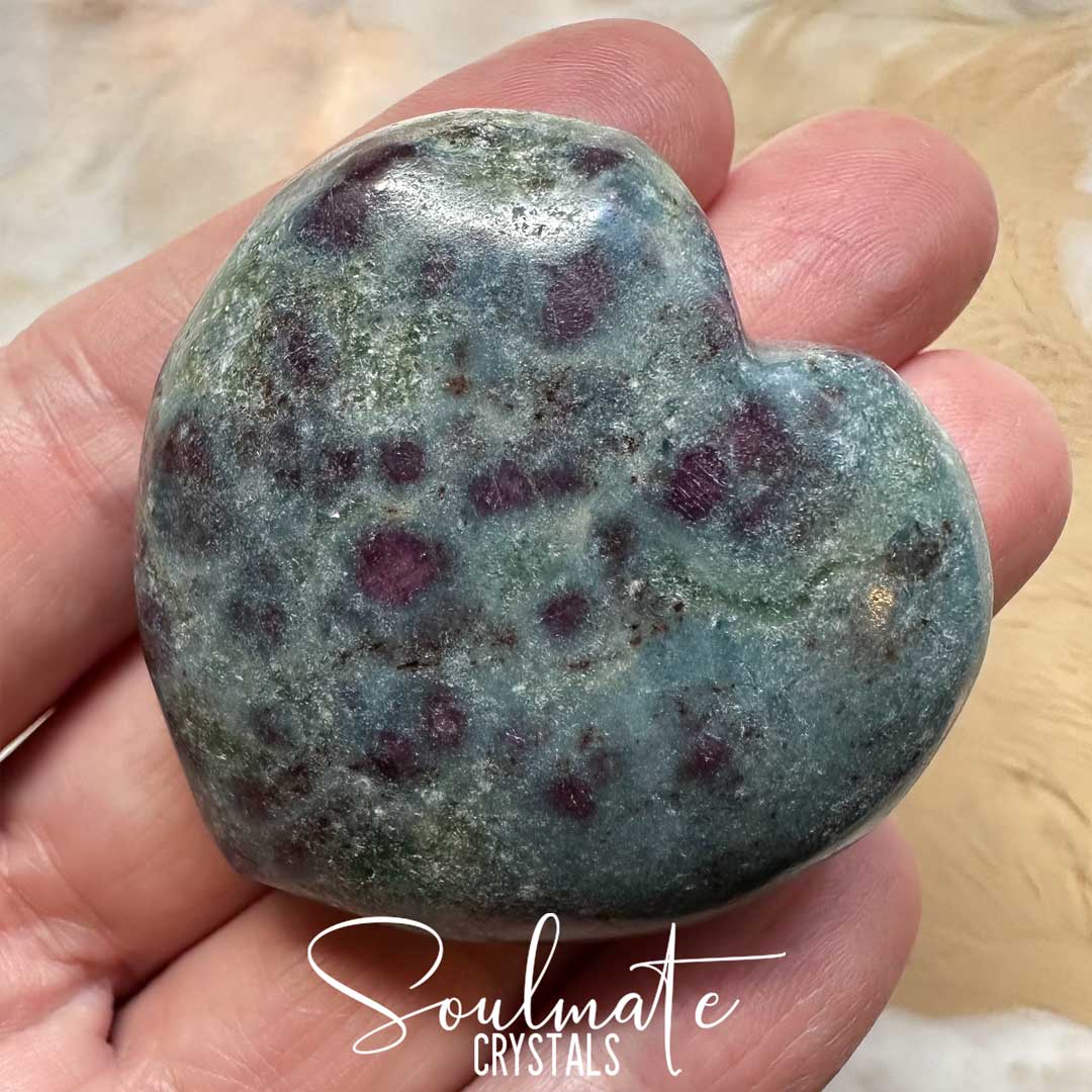 Soulmate Crystals Kyanite Blue Ruby Polished Crystal Heart, Dark Red Ruby, Green Fuchsite Inclusions Blue Kyanite Crystal for Rejuvenation, Heart Balancing, Heart-Mind Communication, Connection, Happiness, Abundance, Manifestation, Dream Recall.