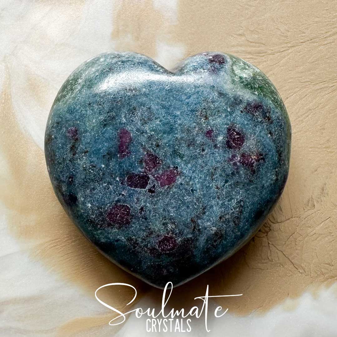 Soulmate Crystals Kyanite Blue Ruby Polished Crystal Heart, Dark Red Ruby, Green Fuchsite Inclusions Blue Kyanite Crystal for Rejuvenation, Heart Balancing, Heart-Mind Communication, Connection, Happiness, Abundance, Manifestation, Dream Recall.