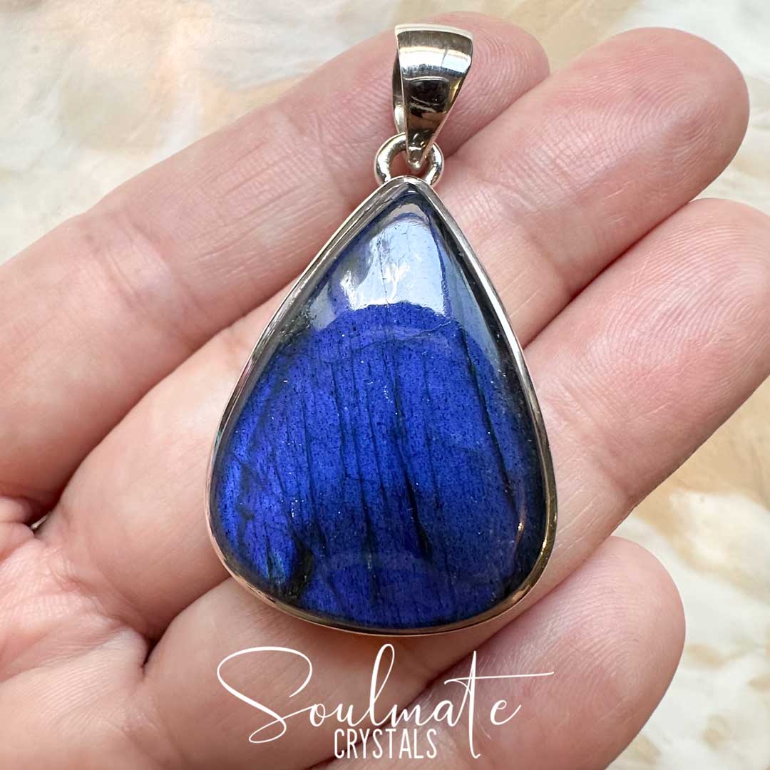 Soulmate Crystals Labradorite Polished Crystal Pendant Teardrop Sterling Silver, Blue, Indigo, Flashy Crystal for Destiny, Higher Consciousness, Wisdom, Dreaming, Pendant, Jewellery, Jewelry, Wearable Crystal Jewellery.