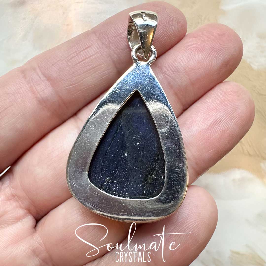 Soulmate Crystals Labradorite Polished Crystal Pendant Teardrop Sterling Silver, Blue, Indigo, Flashy Crystal for Destiny, Higher Consciousness, Wisdom, Dreaming, Pendant, Jewellery, Jewelry, Wearable Crystal Jewellery.