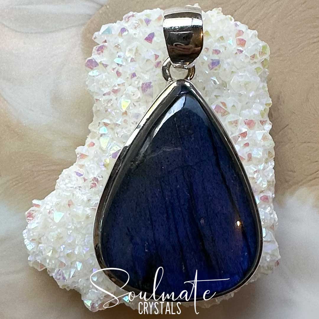 Soulmate Crystals Labradorite Polished Crystal Pendant Teardrop Sterling Silver, Blue, Indigo, Flashy Crystal for Destiny, Higher Consciousness, Wisdom, Dreaming, Pendant, Jewellery, Jewelry, Wearable Crystal Jewellery.