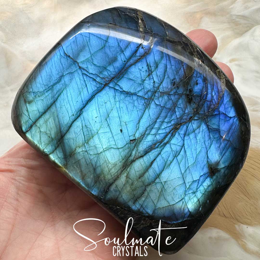 Soulmate Crystals Labradorite Polished Crystal Freeform, Blue, Green Flash Polished Crystal for Intuition, Transformation, Wisdom, Spiritual Path, Higher Consciousness, Madagascan Labradorite.