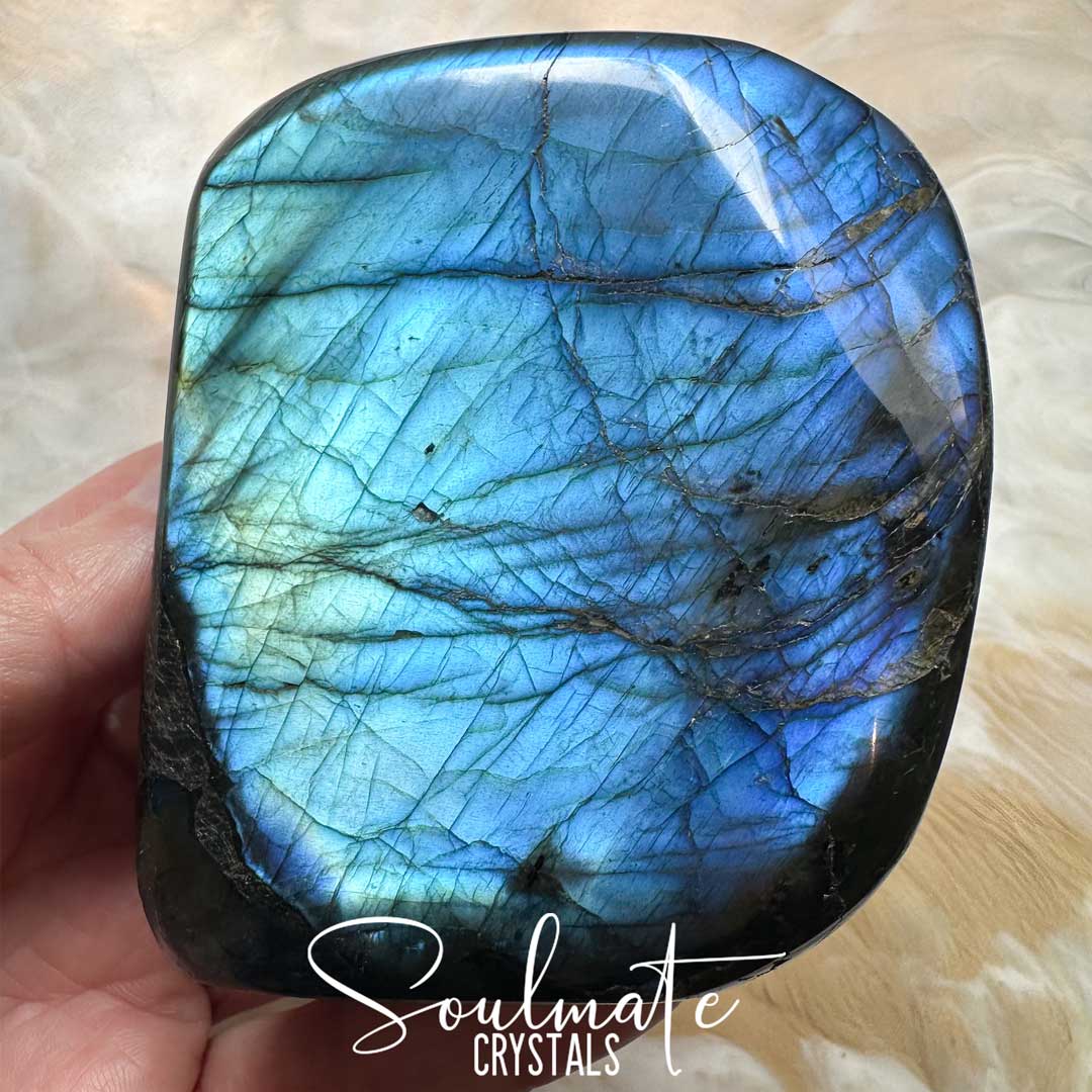 Soulmate Crystals Labradorite Polished Crystal Freeform, Blue, Green Flash Polished Crystal for Intuition, Transformation, Wisdom, Spiritual Path, Higher Consciousness, Madagascan Labradorite.
