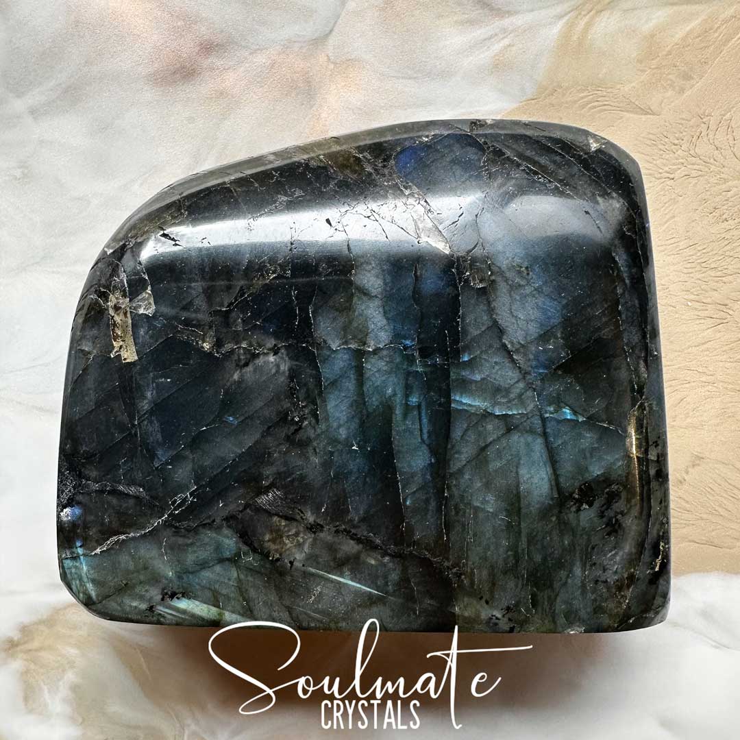 Soulmate Crystals Labradorite Polished Crystal Freeform, Blue, Green Flash Polished Crystal for Intuition, Transformation, Wisdom, Spiritual Path, Higher Consciousness, Madagascan Labradorite.