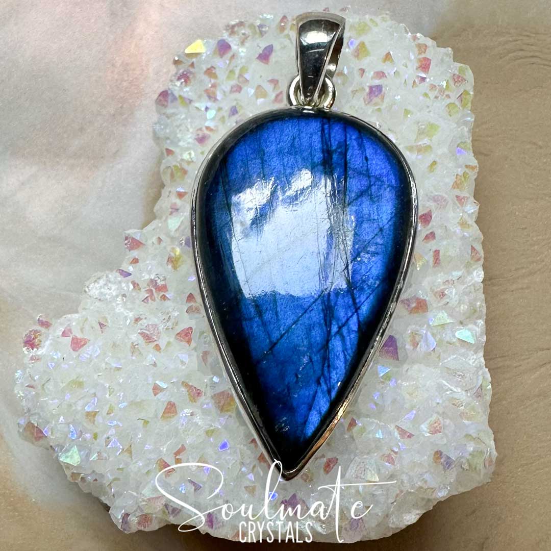 Soulmate Crystals Labradorite Polished Crystal Pendant Reverse Teardrop Sterling Silver, Blue, Indigo, Flashy Crystal for Destiny, Higher Consciousness, Wisdom, Dreaming, Pendant, Jewellery, Jewelry, Wearable Crystal Jewellery.