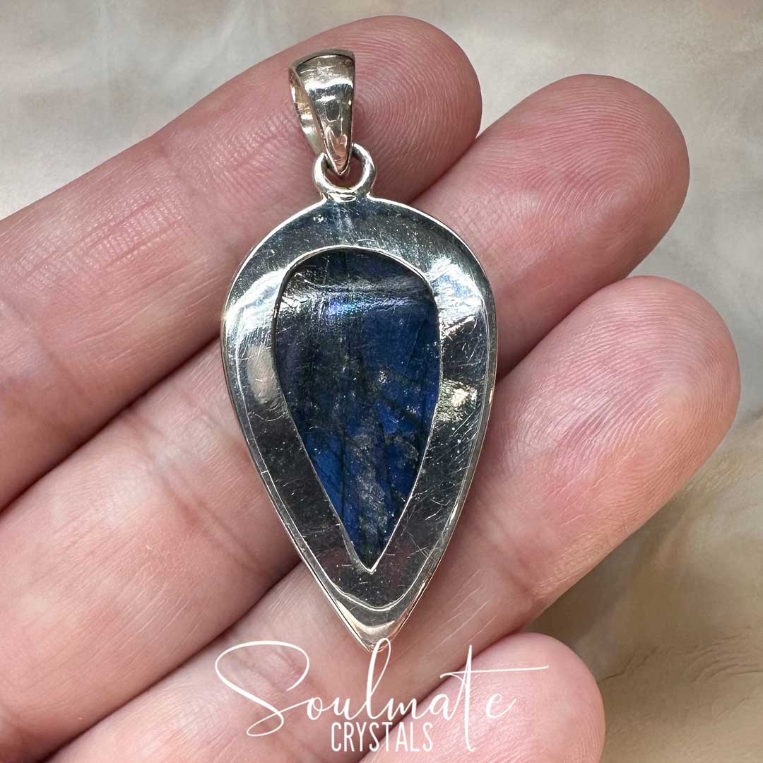 Soulmate Crystals Labradorite Polished Crystal Pendant Reverse Teardrop Sterling Silver, Blue, Indigo, Flashy Crystal for Destiny, Higher Consciousness, Wisdom, Dreaming, Pendant, Jewellery, Jewelry, Wearable Crystal Jewellery.