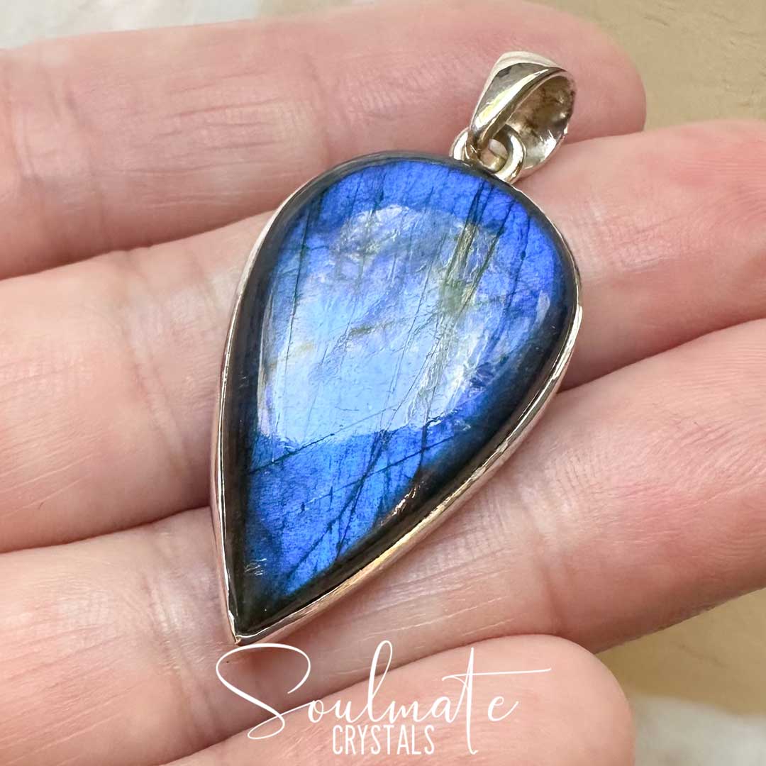 Soulmate Crystals Labradorite Polished Crystal Pendant Reverse Teardrop Sterling Silver, Blue, Indigo, Flashy Crystal for Destiny, Higher Consciousness, Wisdom, Dreaming, Pendant, Jewellery, Jewelry, Wearable Crystal Jewellery.