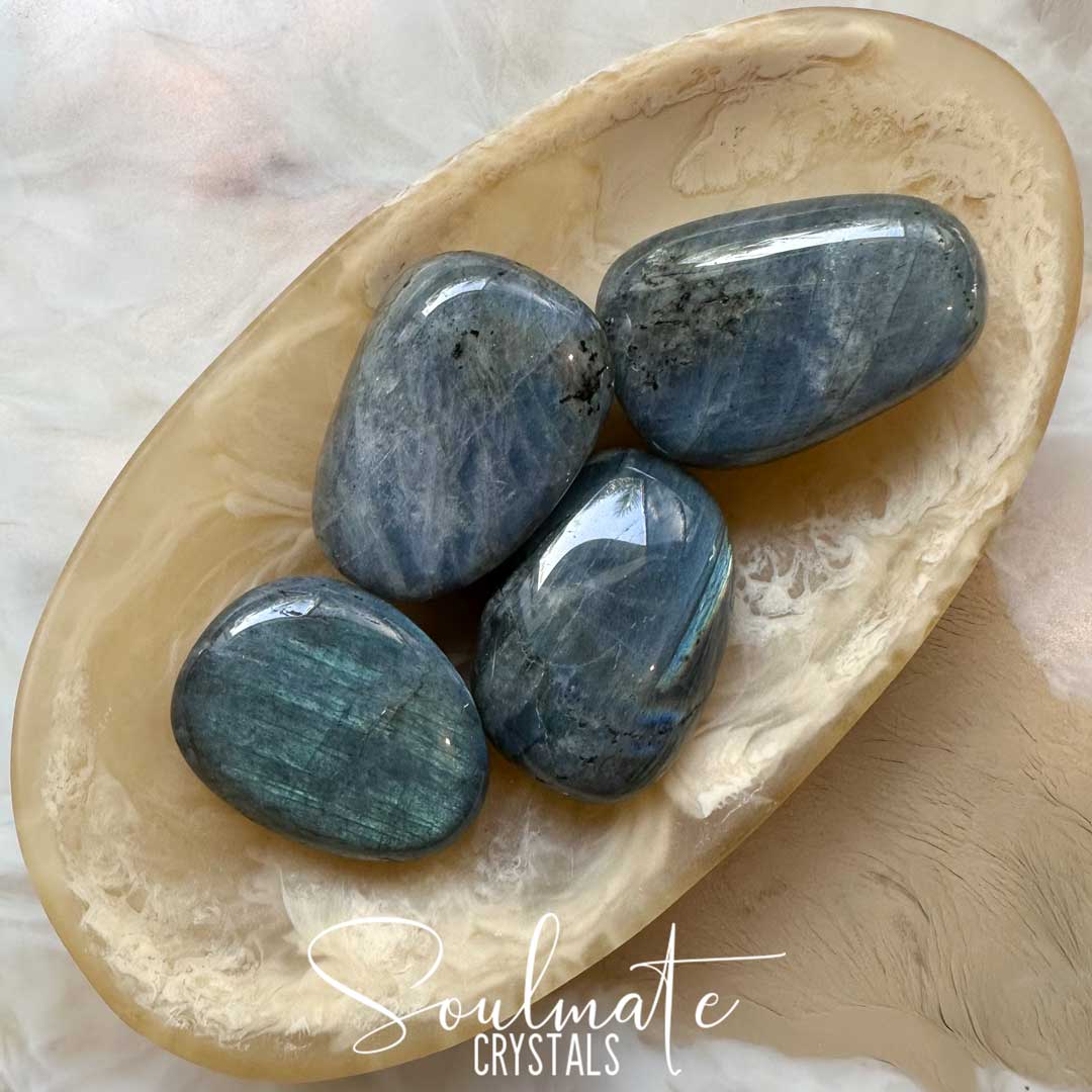 Soulmate Crystals Labradorite Light Tumbled Stone, Blue, Gold, Green Flash Polished Crystal for Intuition, Transformation, Higher Consciousness, Grade A