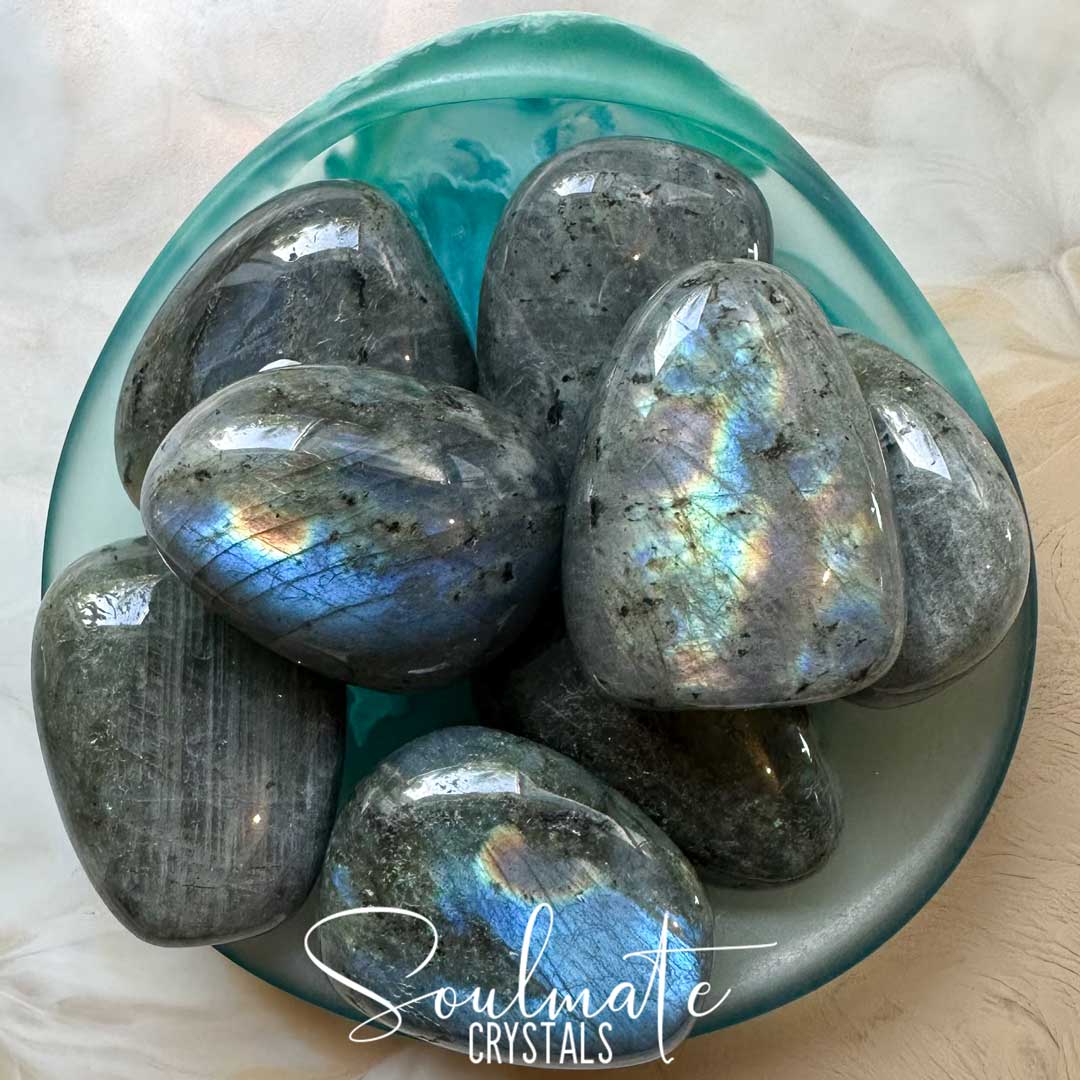 Soulmate Crystals Labradorite Light Tumbled Stone, Blue, Gold, Green Flash Polished Crystal for Intuition, Transformation, Higher Consciousness, Grade A