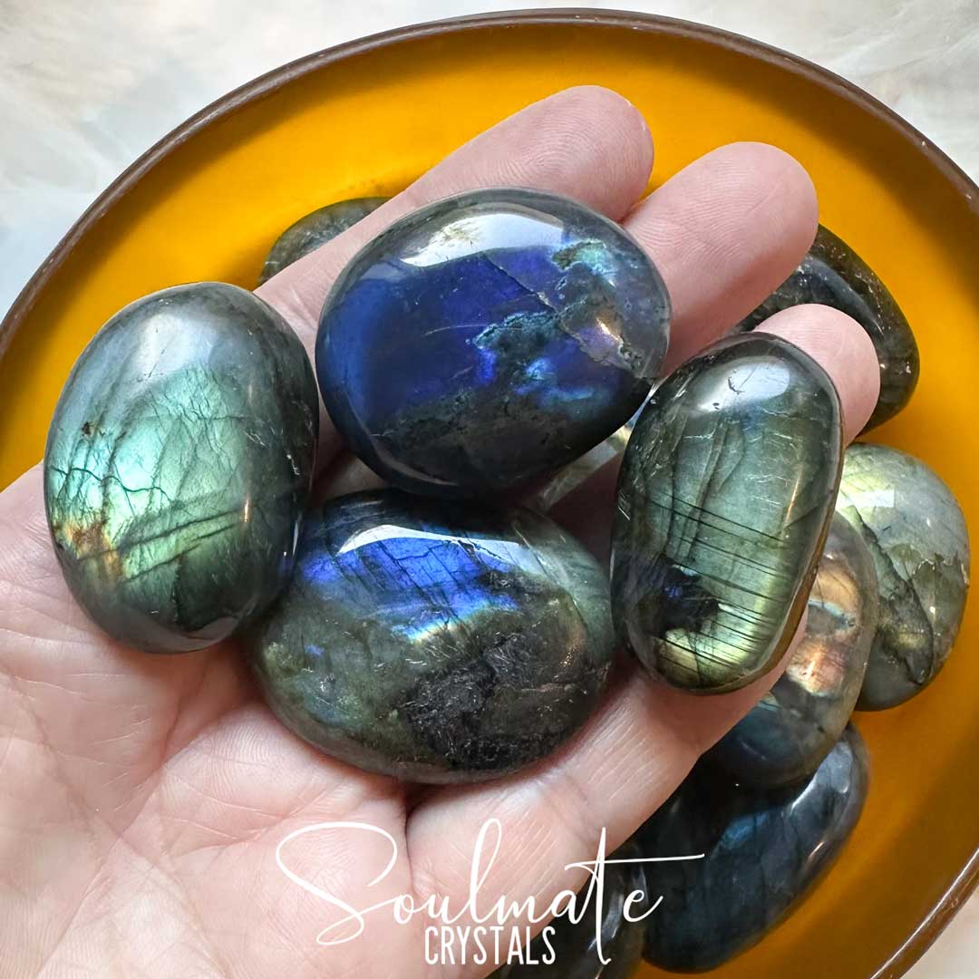 Soulmate Crystals Labradorite Polished Crystal Palm Stone, Blue, Green Flash Polished Crystal for Intuition, Transformation, Wisdom, Spiritual Path, Higher Consciousness, Grade A, Extra Quality Grade Madagascan Labradorite.