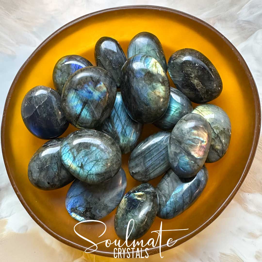 Soulmate Crystals Labradorite Polished Crystal Palm Stone, Blue, Green Flash Polished Crystal for Intuition, Transformation, Wisdom, Spiritual Path, Higher Consciousness, Grade A, Extra Quality Grade Madagascan Labradorite.