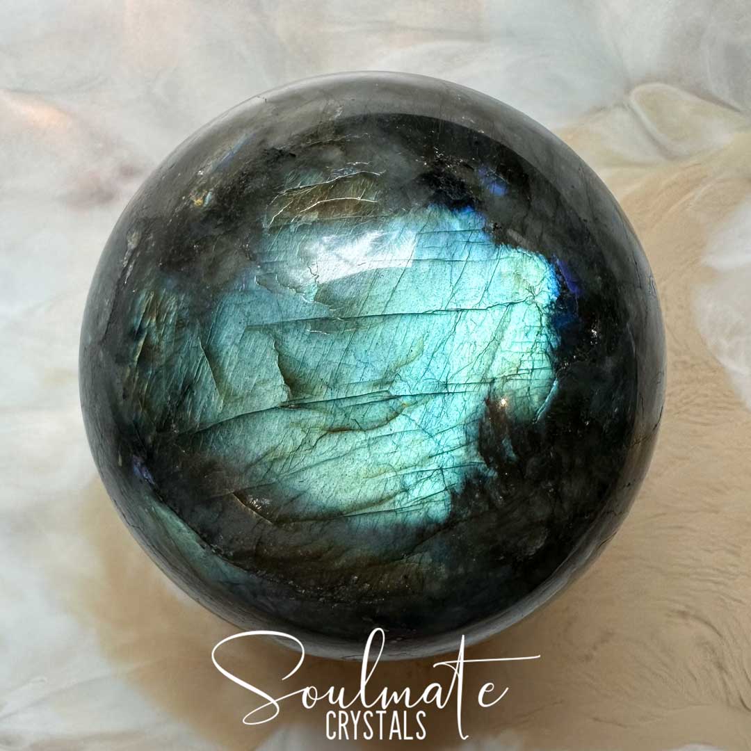 Soulmate Crystals Labradorite Polished Crystal Sphere, Blue, Gold, Green Flash Polished Crystal for Intuition, Transformation, Higher Consciousness