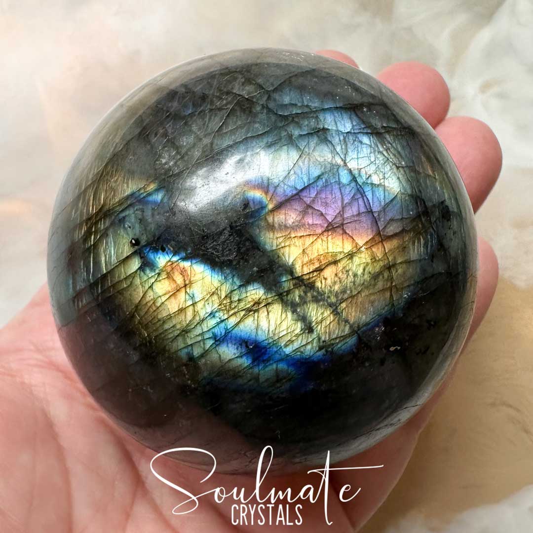 Soulmate Crystals Labradorite Polished Crystal Sphere, Blue, Gold, Green Flash Polished Crystal for Intuition, Transformation, Higher Consciousness