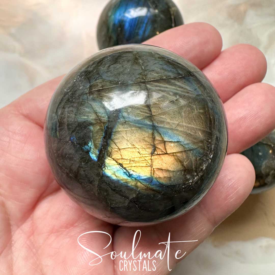 Soulmate Crystals Labradorite Polished Crystal Sphere, Blue, Gold, Green Flash Polished Crystal for Intuition, Transformation, Higher Consciousness
