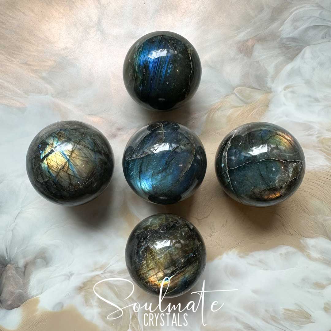 Soulmate Crystals Labradorite Polished Crystal Sphere, Blue, Gold, Green Flash Polished Crystal for Intuition, Transformation, Higher Consciousness