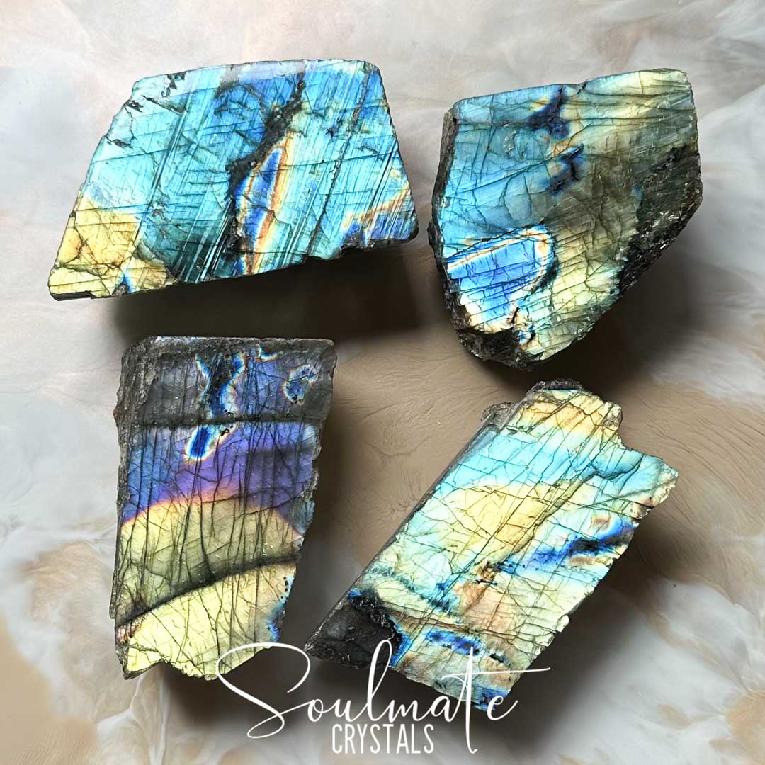 Soulmate Crystals Labradorite Raw Polished Crystal Slab, Blue, Gold, Green Flash Polished Crystal for Intuition, Transformation, Higher Consciousness, Grade AA