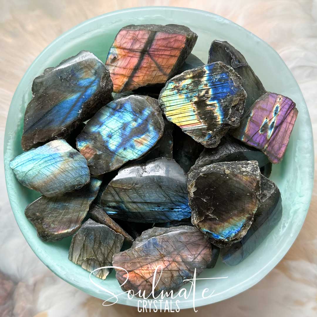 Soulmate Crystals Labradorite Raw Polished Natural Stone, Blue, Gold, Green Flash Polished Crystal for Intuition, Transformation, Higher Consciousness, Grade A