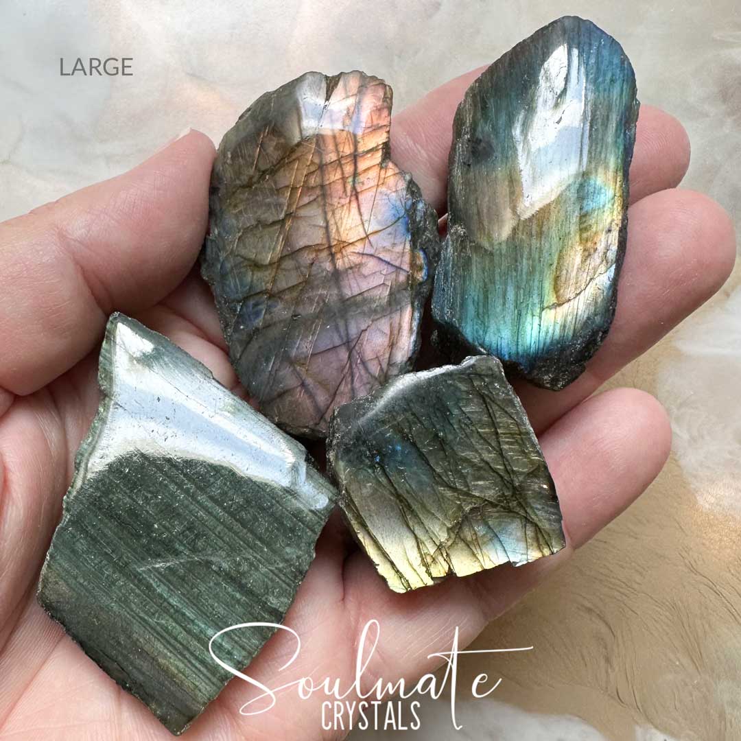 Soulmate Crystals Labradorite Raw Polished Natural Stone, Blue, Gold, Green Flash Polished Crystal for Intuition, Transformation, Higher Consciousness, Grade A