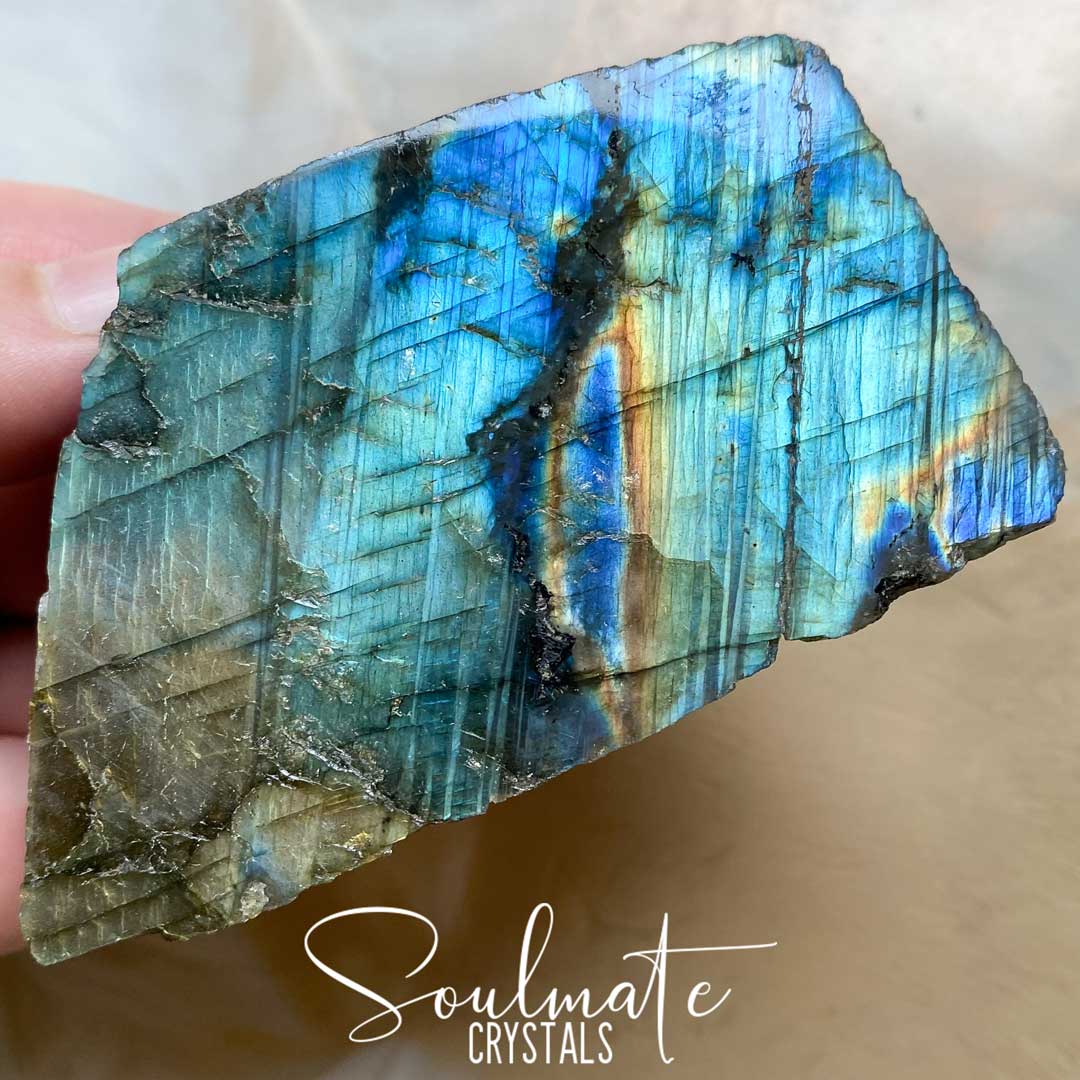 Soulmate Crystals Labradorite Raw Polished Crystal Slab, Blue, Gold, Green Flash Polished Crystal for Intuition, Transformation, Higher Consciousness, Grade AA