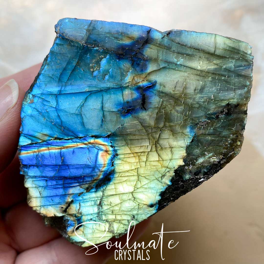 Soulmate Crystals Labradorite Raw Polished Crystal Slab, Blue, Gold, Green Flash Polished Crystal for Intuition, Transformation, Higher Consciousness, Grade AA