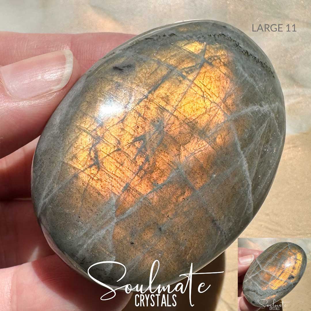 Soulmate Crystals Labradorite Sunset Golden Polished Crystal Palm Stone, Pink, Orange, Tangerine, Gold, Green Flash Polished Crystal for Intuition, Transformation, Wisdom, Spiritual Path, Higher Consciousness, Grade A, Extra Quality Grade Sunset Labradorite.