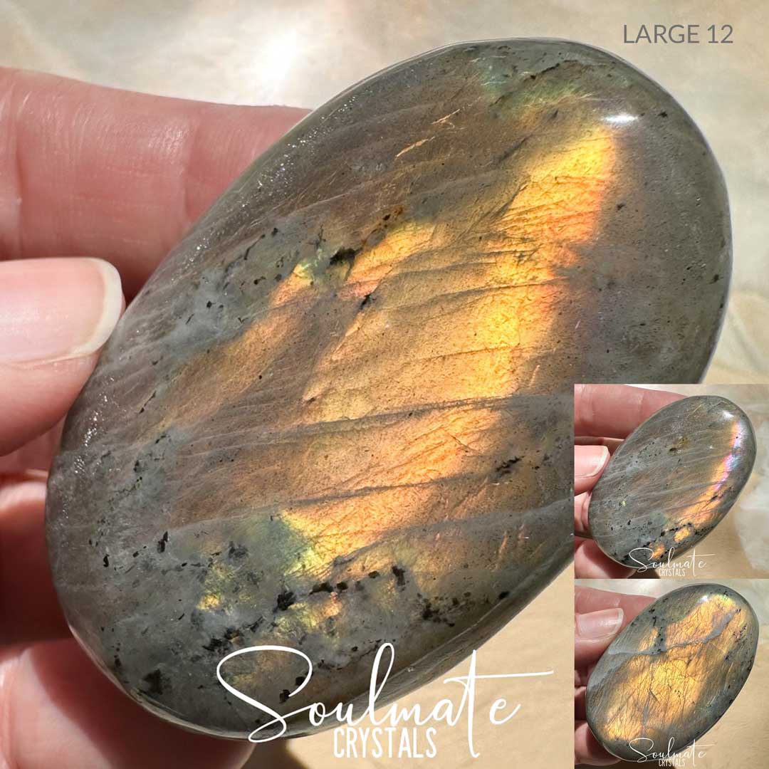 Soulmate Crystals Labradorite Sunset Golden Polished Crystal Palm Stone, Pink, Orange, Tangerine, Gold, Green Flash Polished Crystal for Intuition, Transformation, Wisdom, Spiritual Path, Higher Consciousness, Grade A, Extra Quality Grade Sunset Labradorite.
