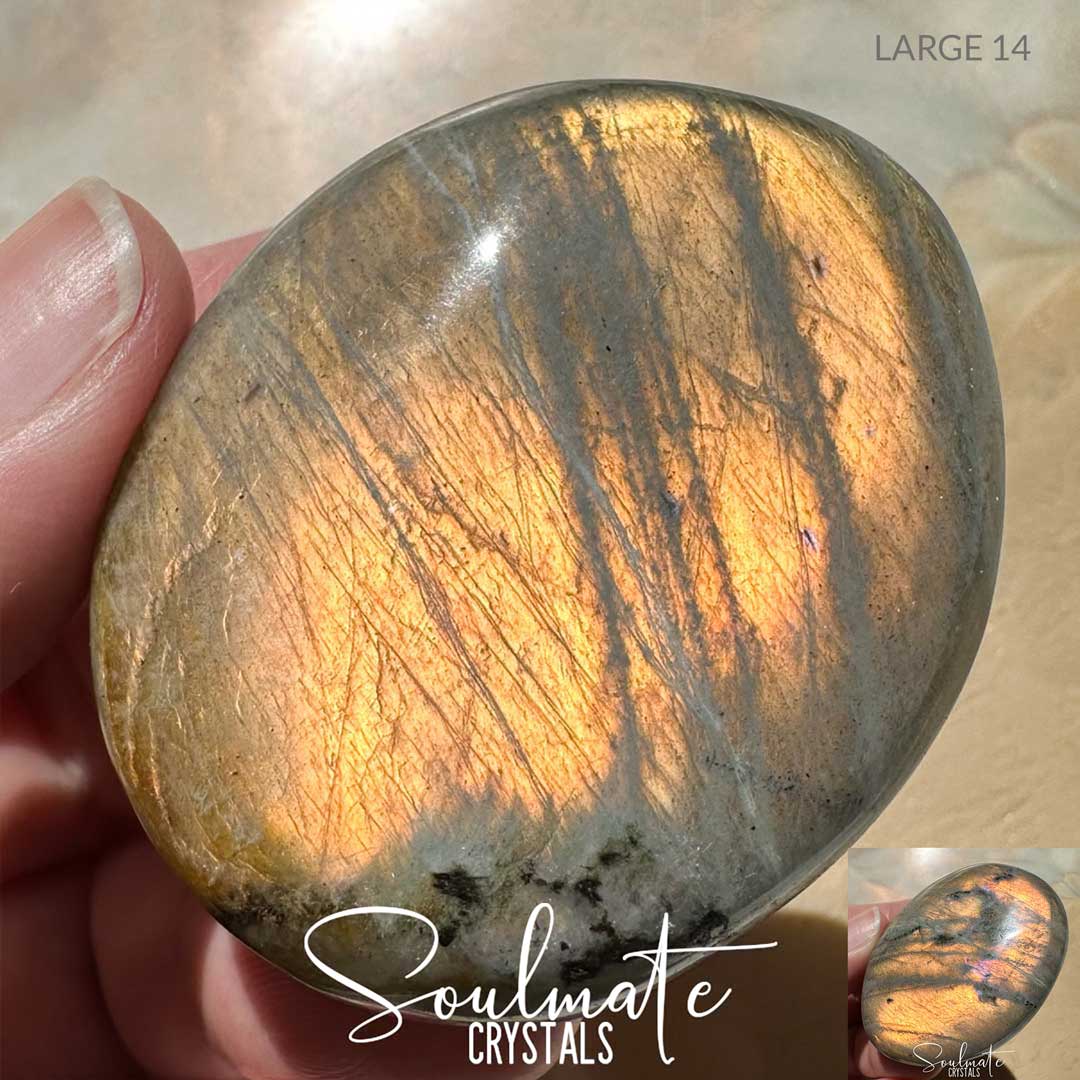 Soulmate Crystals Labradorite Sunset Golden Polished Crystal Palm Stone, Pink, Orange, Tangerine, Gold, Green Flash Polished Crystal for Intuition, Transformation, Wisdom, Spiritual Path, Higher Consciousness, Grade A, Extra Quality Grade Sunset Labradorite.