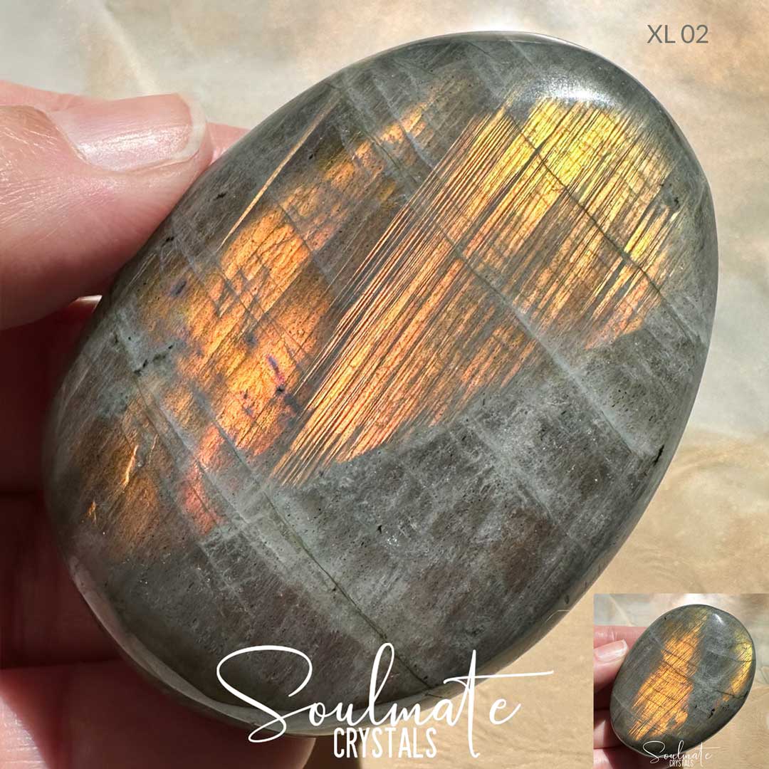 Soulmate Crystals Labradorite Sunset Golden Polished Crystal Palm Stone, Pink, Orange, Tangerine, Gold, Green Flash Polished Crystal for Intuition, Transformation, Wisdom, Spiritual Path, Higher Consciousness, Grade A, Extra Quality Grade Sunset Labradorite.