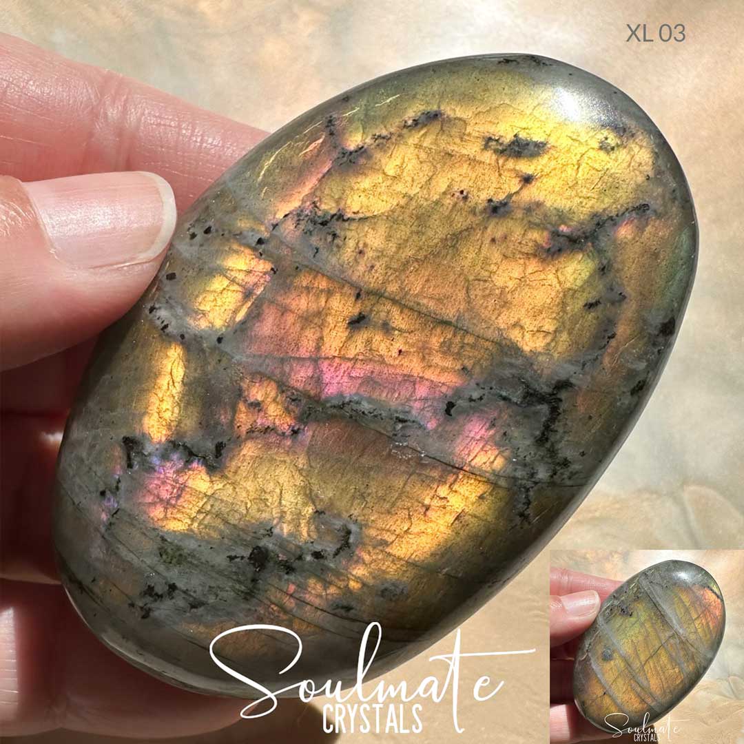 Soulmate Crystals Labradorite Sunset Golden Polished Crystal Palm Stone, Pink, Orange, Tangerine, Gold, Green Flash Polished Crystal for Intuition, Transformation, Wisdom, Spiritual Path, Higher Consciousness, Grade A, Extra Quality Grade Sunset Labradorite.