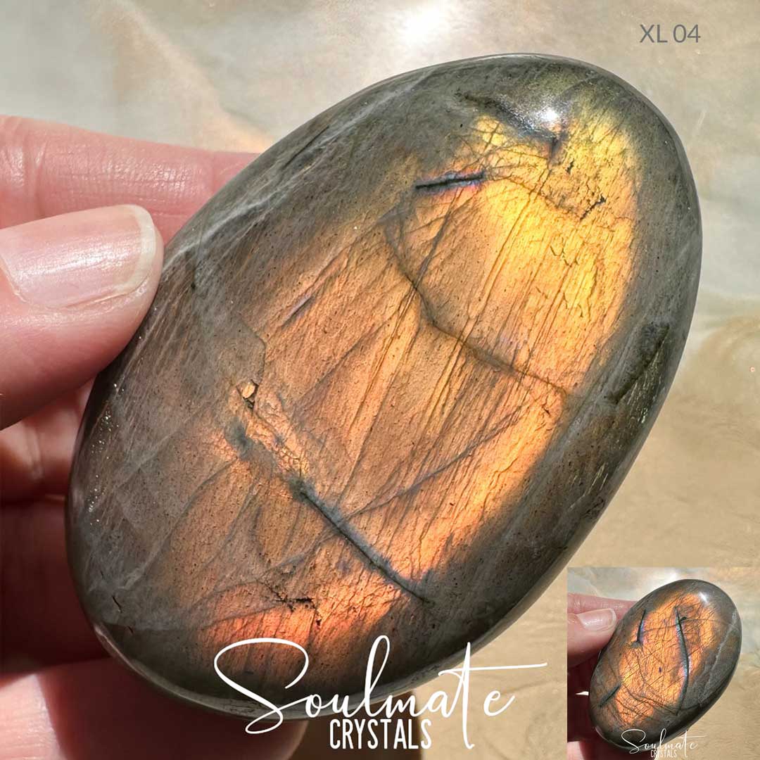 Soulmate Crystals Labradorite Sunset Golden Polished Crystal Palm Stone, Pink, Orange, Tangerine, Gold, Green Flash Polished Crystal for Intuition, Transformation, Wisdom, Spiritual Path, Higher Consciousness, Grade A, Extra Quality Grade Sunset Labradorite.