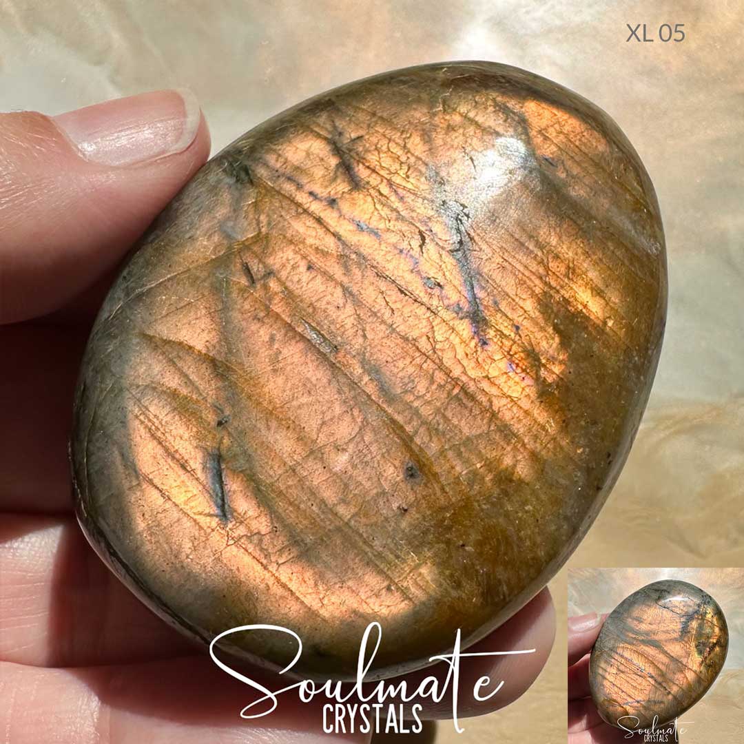 Soulmate Crystals Labradorite Sunset Golden Polished Crystal Palm Stone, Pink, Orange, Tangerine, Gold, Green Flash Polished Crystal for Intuition, Transformation, Wisdom, Spiritual Path, Higher Consciousness, Grade A, Extra Quality Grade Sunset Labradorite.